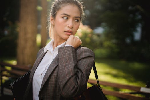 Businesswoman outdoors in formal attire, looking thoughtful and confident.